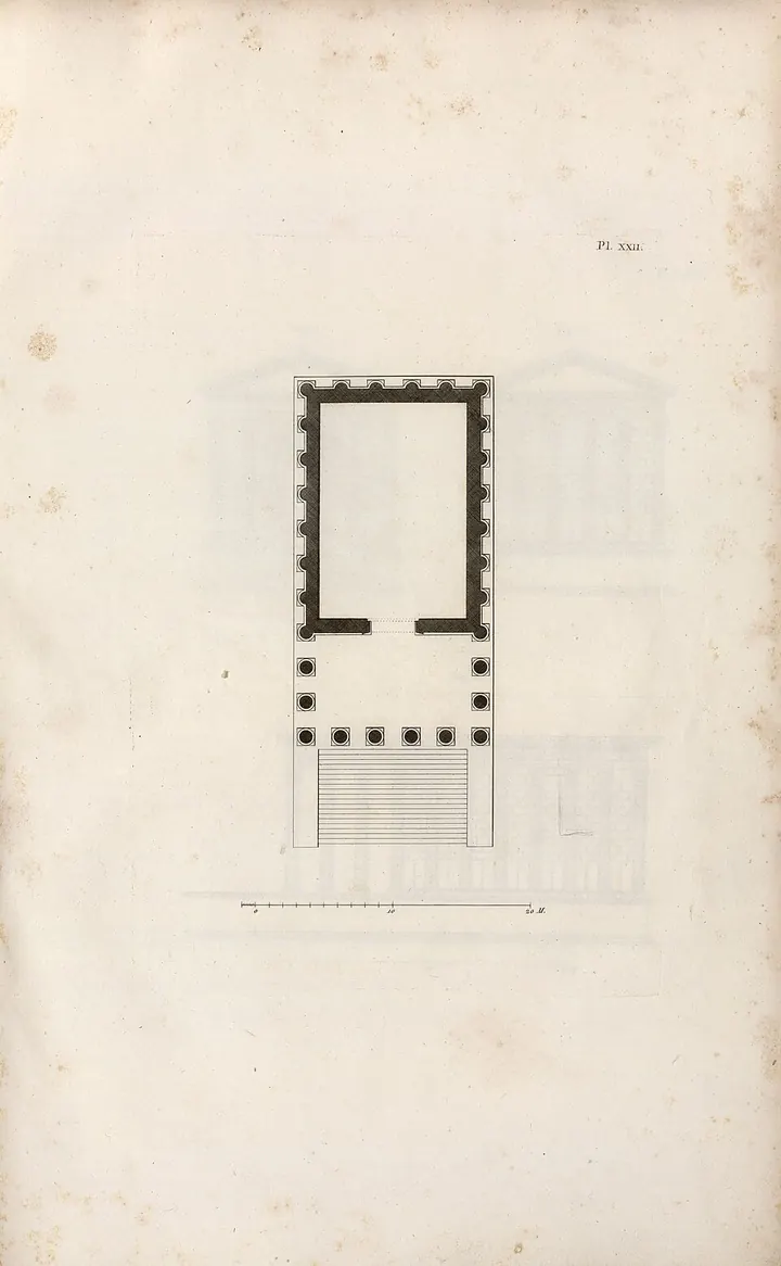 Plan géométrique de la Maison Carrée, 1819 : le portique de façade et les colonnes engagées autour de la cella.